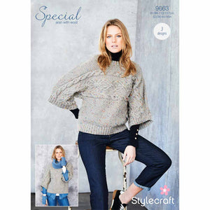 Special Aran with Wool Womens Sweater, Snood & Wristwarmers 9663 Pattern KNIT