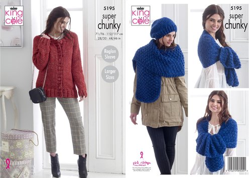 King Cole Womens Cardigan, Scarf & Hat 5195 Pattern Super Chunky KNIT